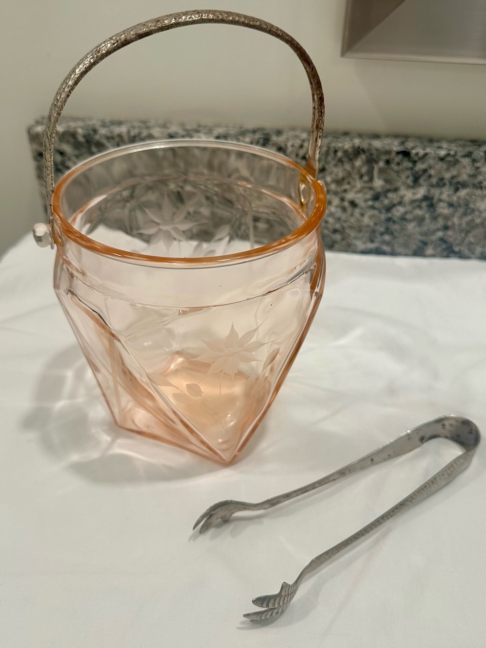 Vintage Pink Depression Glass Art Deco Ice Bucket & Tongs Set